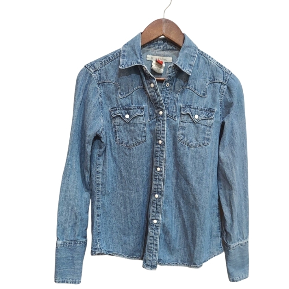 Girls Stetson Western Denim Pearl Snap Long Sleeve Shirt - Picture 2 of 8